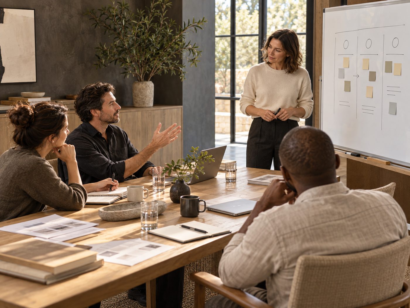 A facilitator at a whiteboard of sticky notes leading a team discussion around a conference table
