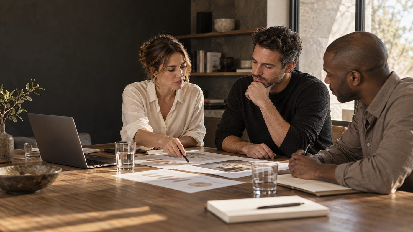 Three people reviewing printed plans and charts around a wooden table in warm afternoon light